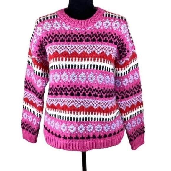 COCOGIO Sweaters - FAIR ISLE WOOL BLEND PINK ITALIAN CHUNKY SWEATER
